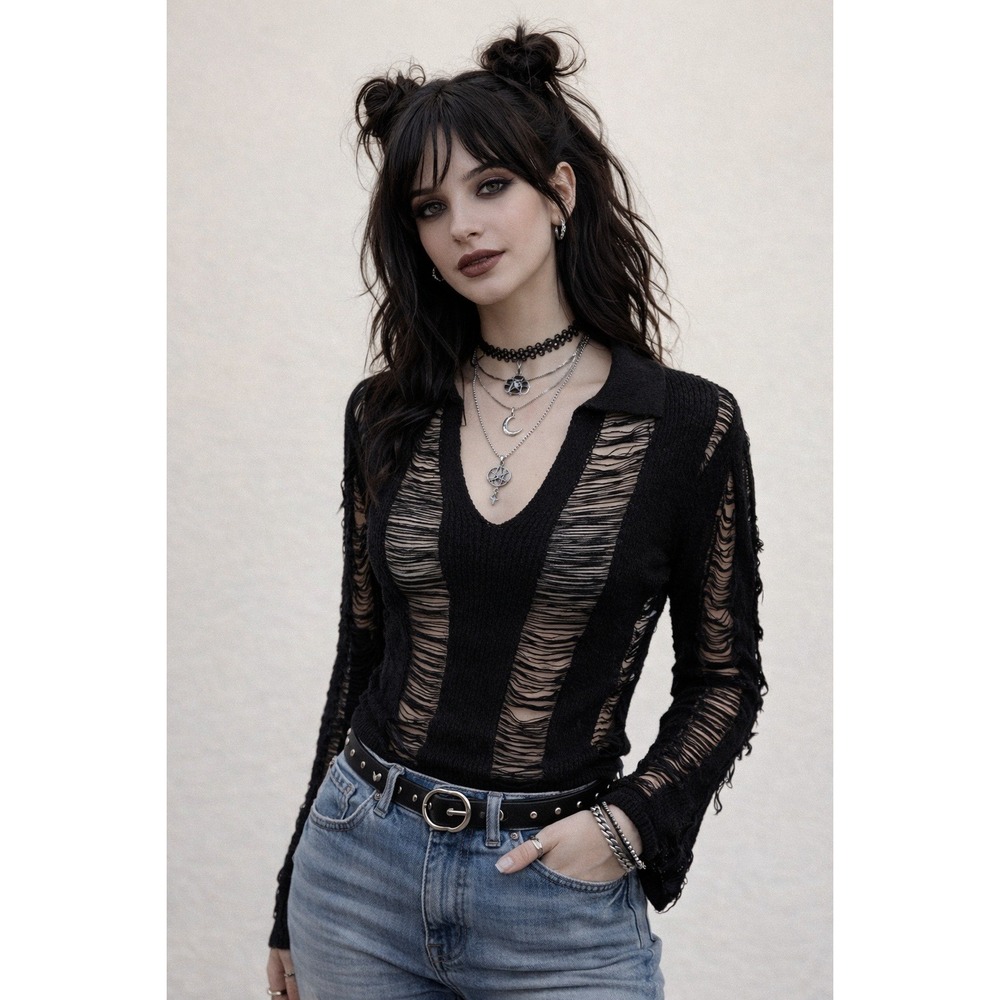 Black Womens Distressed Black Top Moody Witchy Deconstructed Ripped Ladder Small